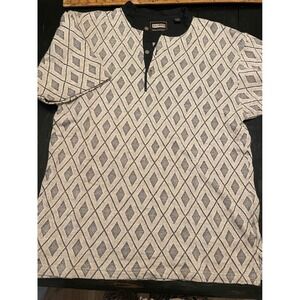 Bachrach Mens Diamond Pattern Knit Shirt Size L Black Tan Short Sleeve